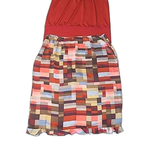 BCBGMaxAzria Straight Silk Long Skirt Below Knee Geometric Patchwork Ruffle Hem - Picture 2 of 16
